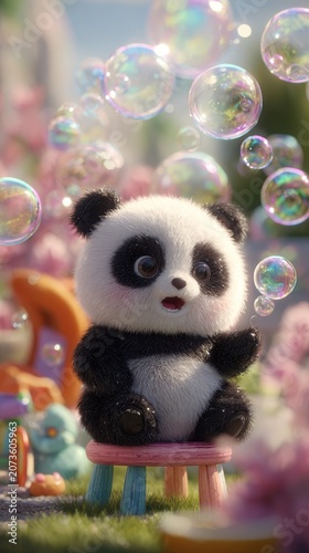 Cute baby panda with fluffy fur sits on a stool surrounded by colorful bubbles in a whimsical outdoor setting