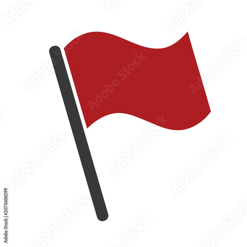 Red flag waving on a black pole isolated on white background