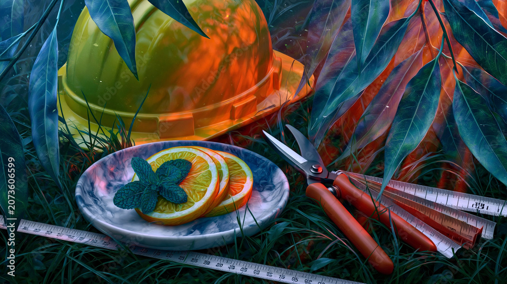 Fototapeta premium Hard Hat Still Life with Lemon, Mint, Shears and Tape Measure