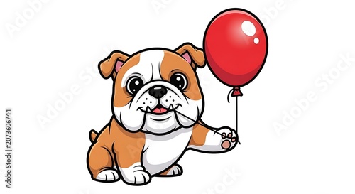 Cute cartoon dog holding a red heart balloon outdoors.