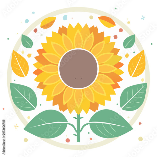Flat illustration of a sunflower with leaves and petals