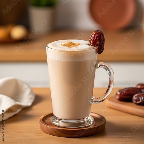Golden latte in glass mug on wooden table.