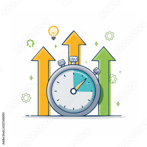 Stopwatch with growth arrows and light bulb illustration