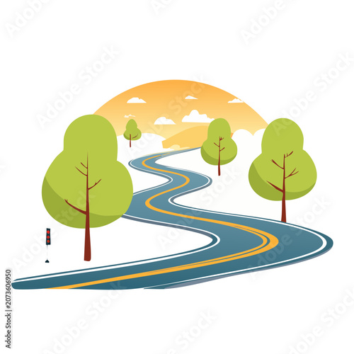 Winding road with trees and sunset illustration