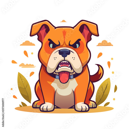 Angry cartoon bulldog sitting with decorative background