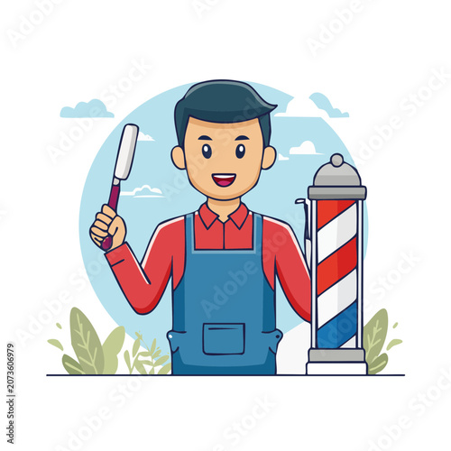 Barber holding razor with barber pole illustration