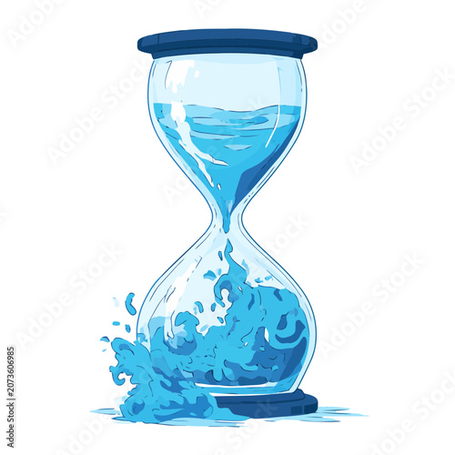 Blue hourglass with flowing sand and water