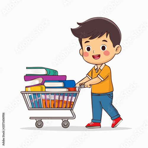 Boy Pushing Shopping Cart Full of Books
