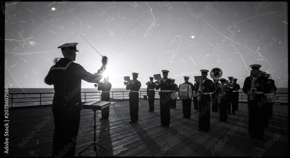 Fototapeta premium Military navy band performing on ship deck at sunset. Man conductor leading group of soldiers playing brass instrument. Historical wartime music performance and patriotic ceremony scene.