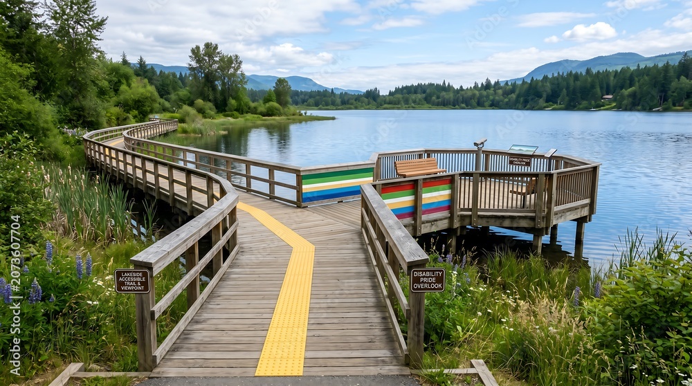 Obraz premium Accessible lakeside boardwalk with tactile paths and scenic view