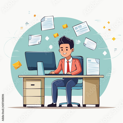 Businessman Working at Desk with Flying Documents and Emails