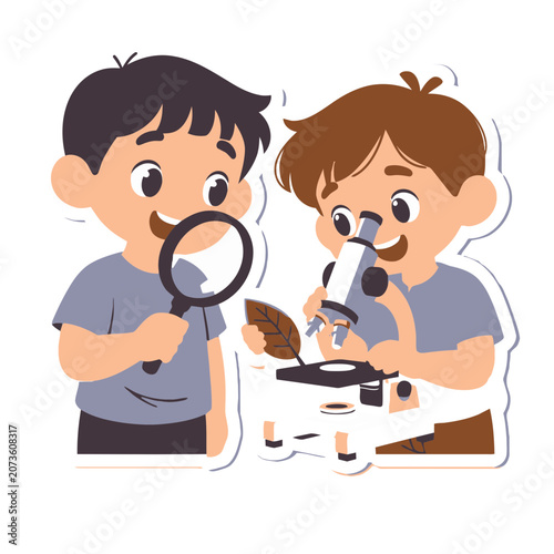 Cartoon boys exploring science with microscope and magnifier
