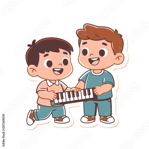 Cartoon boys playing keyboard together