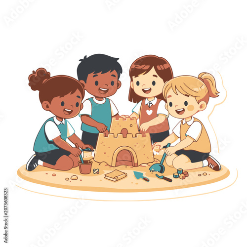 Cartoon children building a sandcastle on the beach