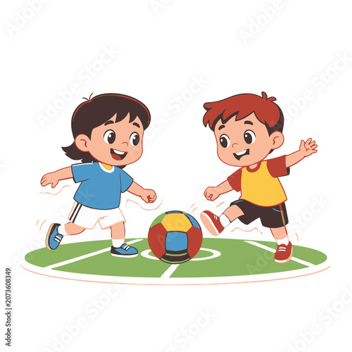 Cartoon children playing soccer on a green field