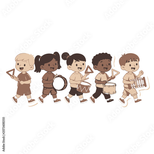 Cartoon children playing musical instruments in a band