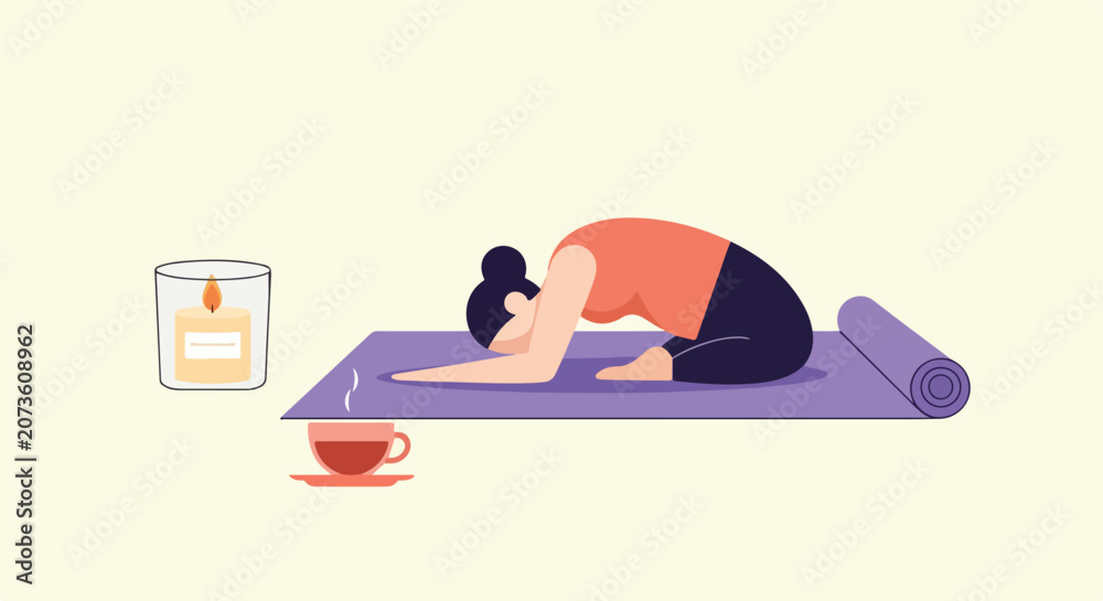Fototapeta premium A calm illustration shows a woman in a yoga child's pose on a purple mat, accompanied by a glowing candle and a steaming cup of herbal tea.