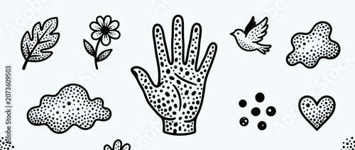 Bild auf Leinwand Doodle Elements: Hand, Bird, Flower, Leaf, Heart, Clouds, Dots