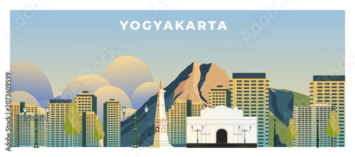 Bild auf Leinwand Yogyakarta City Skyline Horizontal Banner with Merapi Mountain and  monument