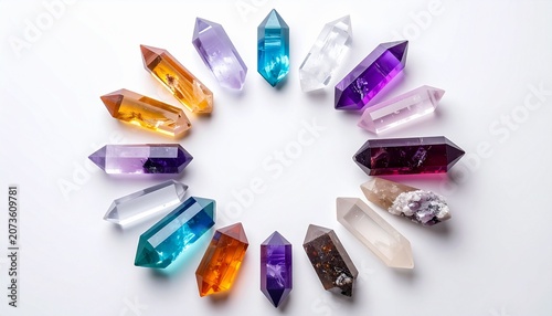 A vibrant collection of crystals and gemstones arranged in a circle on a white surface