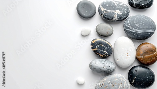 A serene arrangement of various smooth stones on a white surface