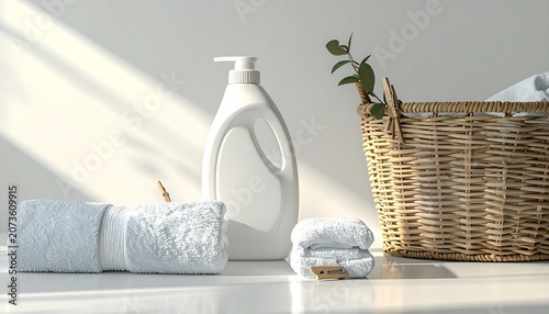Clean bathroom products arranged neatly on a table beside a wicker basket