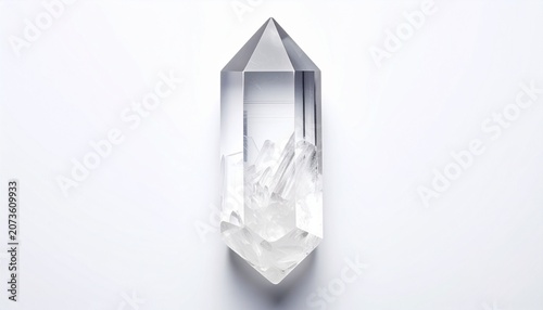 A large clear crystal is standing on a white surface with a subtle shadow.
