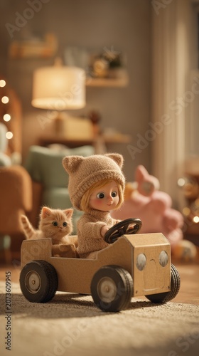 Cute child wearing a bear hat drives a toy car with a ginger kitten as a passenger indoors