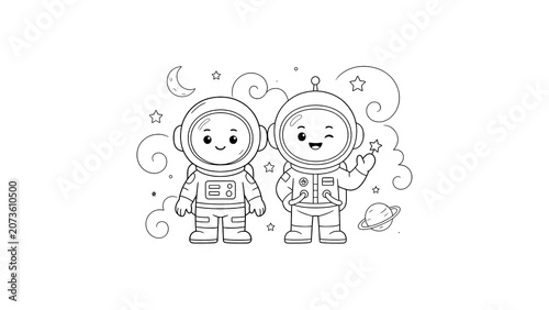 Cute astronaut children coloring page with stars moon and planet in space background for kids art.