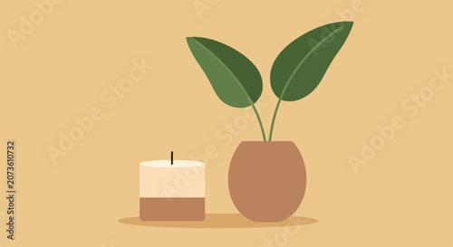 Konstfotografi A minimalist vector illustration featuring a two-leafed green plant in a brown pot and a two-toned candle against a clean, warm beige background