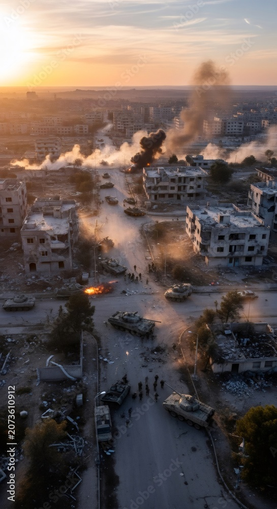 Fototapeta premium Aerial view of tanks in ruined city during military conflict. Soldiers patrolling destroyed urban area with smoke and fire at sunset. Armed combat, global war and destruction concept.