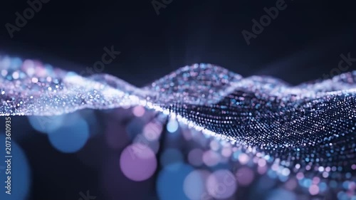 Abstract Digital Flow of Glowing Particles Creating a Dynamic Wave Pattern on a Dark Background for Modern Technology Presentation