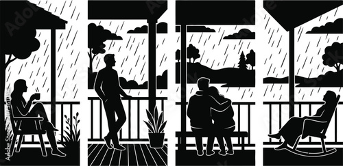 Schilderij op canvas People relaxing on porch during rainy weather