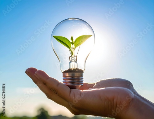 Hand holding a light bulb with a growing green plant inside, symbolizing sustainable energy, environmental protection, renewable resources, eco innovation, and green business development.
