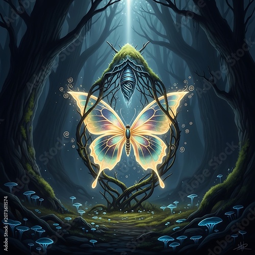 Glowing butterfly in mystical forest scene.