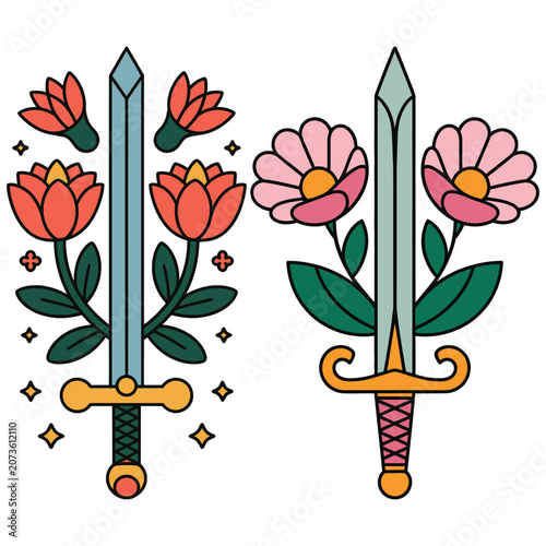 Two ornate swords intertwined with vibrant blooming flowers, symbolizing strength and beauty.