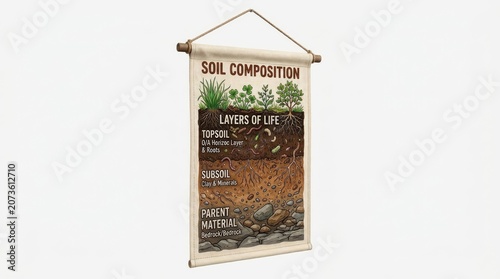 Soil Composition Educational Banner Showing Layers of Life, Topsoil, Subsoil, and Parent Material Diagrams for Gardening and Ecolo