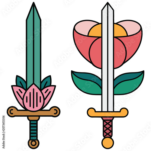Symbolic illustration of sword and blooming flower representing strength and beauty