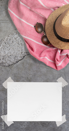 Summer Holiday Vacation Trip Mockup Concept Wallpaper with White Blank Free Space Paper Sheet with Adhesive Tape on --- Surface.