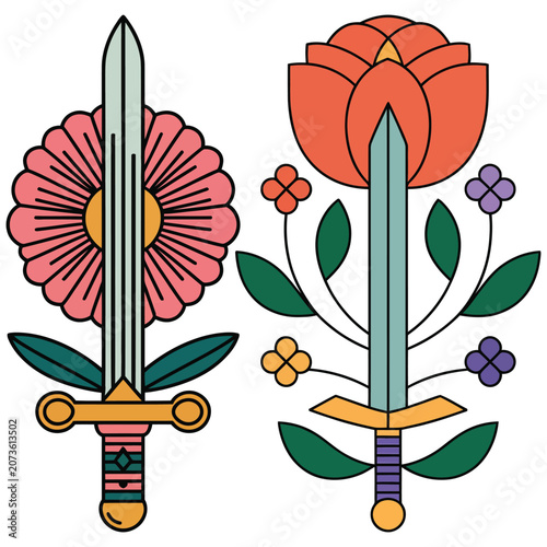 Two stylized swords with floral motifs, symbolizing strength and beauty.