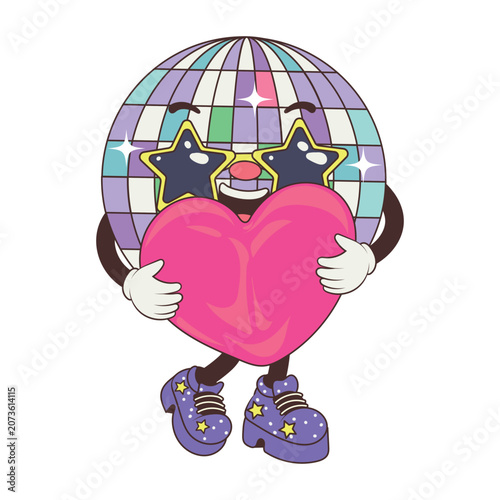 Cute disco ball love vector mascot in flat comic style with star glasses and big pink heart for retro energetic 70s Valentine music party concept isolated on white.