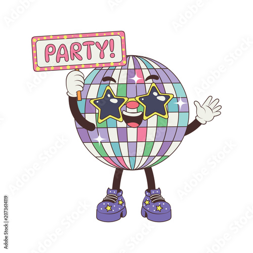 Cute disco ball party vector mascot in flat comic style with star glasses and party sign board for energetic retro 70s music festival event concept isolated on white.