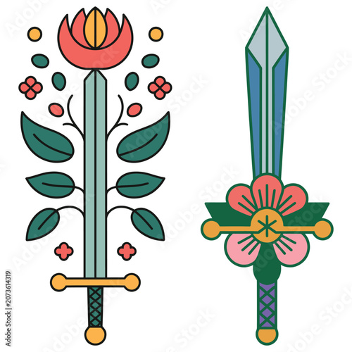 Two stylized swords intertwined with floral elements, symbolizing strength and growth.