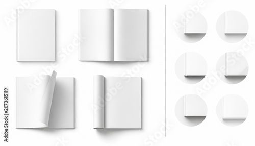 Collection of blank book and magazine mockups on white background for design presentation