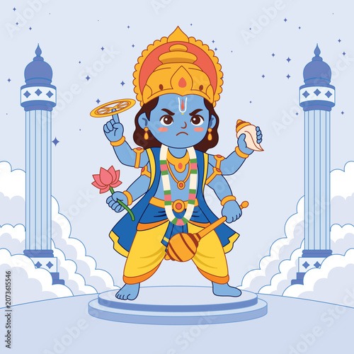 Vishnu Battle Pose Hindu God Illustration