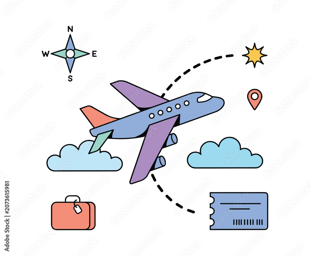 Naklejka premium Doodle style Airplane flying through clouds with travel compass location.