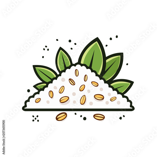 Flat illustration of rice pile with green leaves
