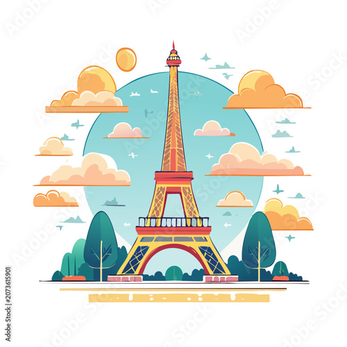 Flat illustration of Eiffel Tower with sky and trees