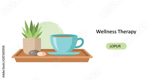 Canvas Print A serene vector illustration showcases a blue teacup, a small succulent, and smooth stones on a wooden tray, advertising wellness therapy services