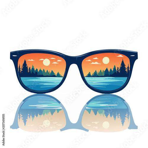 Sunglasses with lake and sunset reflection illustration